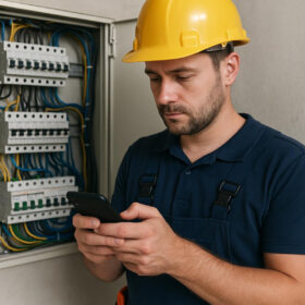 Elektrotechnik kontroluje aplikaci na mobilním telefonu u rozvaděče s jističovým panelem