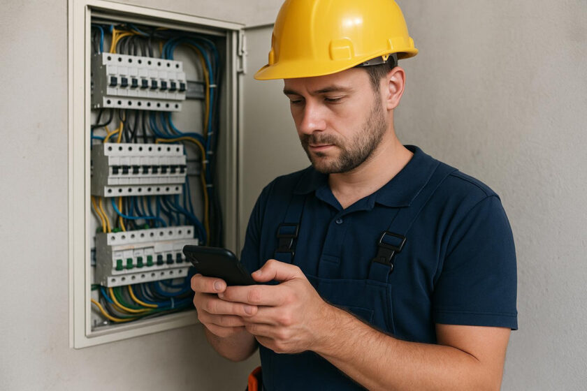 Elektrotechnik kontroluje aplikaci na mobilním telefonu u rozvaděče s jističovým panelem