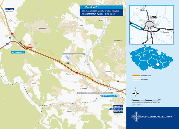 Obr. 2 Výřez z mapy řešeného dálničního úseku D1 st. 01171 MÚK Kývalka – Brno západ