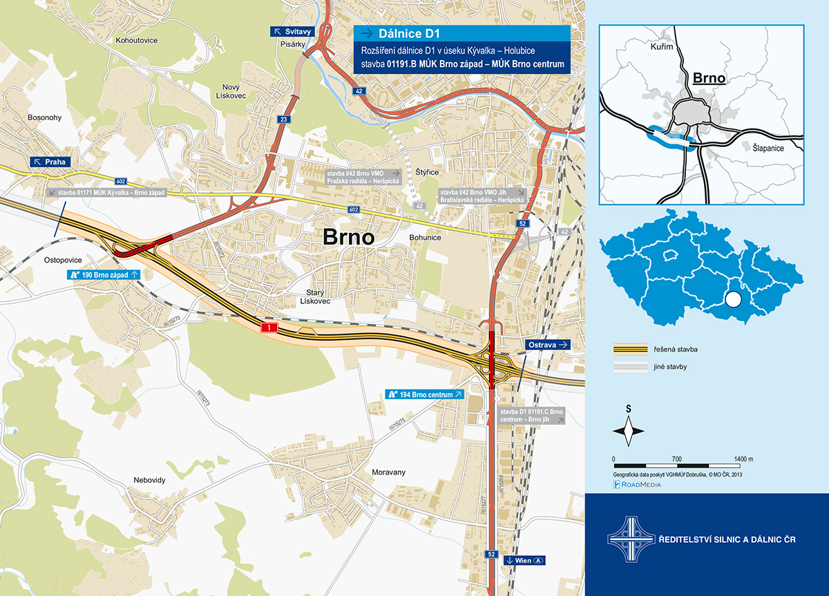 Obr. 3 Výřez z mapy řešeného dálničního úseku D1 st. 01191.B MÚK Brno západ – MÚK Brno centrum