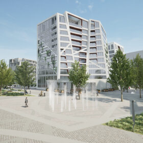 Moderní bytové domy a veřejný prostor s fontánou navržené pomocí VR technologie