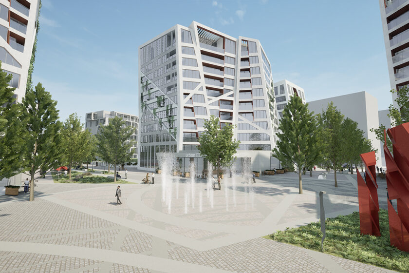 Moderní bytové domy a veřejný prostor s fontánou navržené pomocí VR technologie