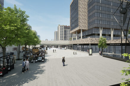 Vizualizace městského prostoru s administrativními a obchodními objekty vytvořená ve virtuální real