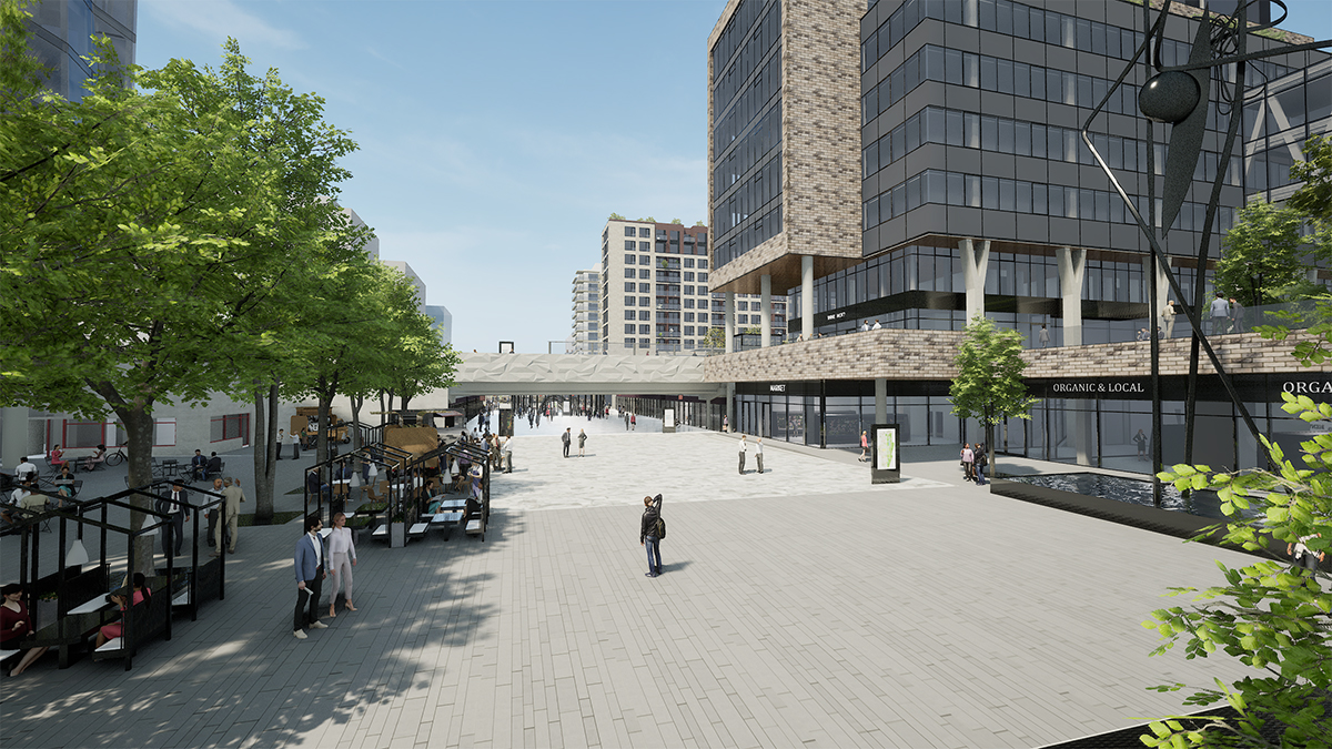 Vizualizace městského prostoru s administrativními a obchodními objekty vytvořená ve virtuální real