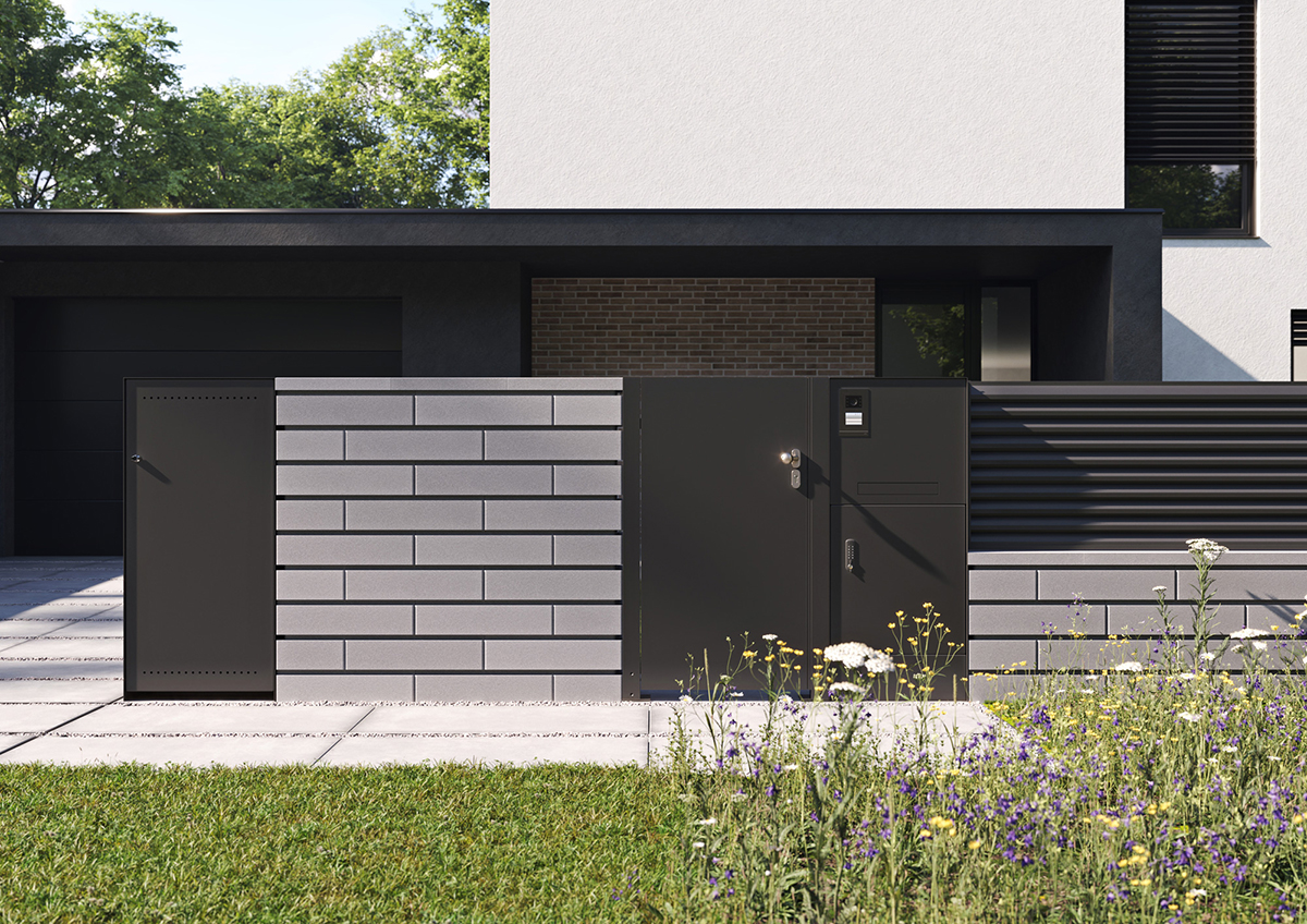 V plotu zleva modul CLEANNY – uložení nádoby na odpad, GATIE – branka, FULL – box na ukládání balíku se schránkou a přípravou na zvonek a vchodovou skrytou kameru, případně samostatného štítku LABEL Moderní vstupní systém LIBERTY integrovaný do designového plotu s funkcemi pro každodenní provoz