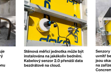 Senzory Concremote pro měření teploty betonu: stropní, stěnové a kabelové varianty v různých typech bednění.