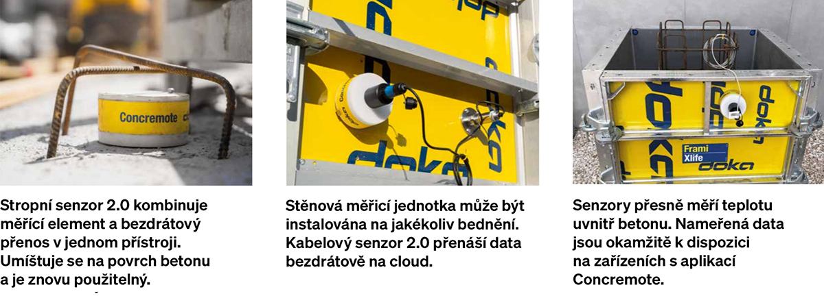 Senzory Concremote pro měření teploty betonu: stropní, stěnové a kabelové varianty v různých typech bednění.