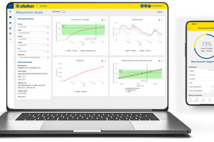 Digitální platforma Concremote s grafy pevnosti, teploty a zralosti betonu zobrazená na notebooku a mobilním zařízení.