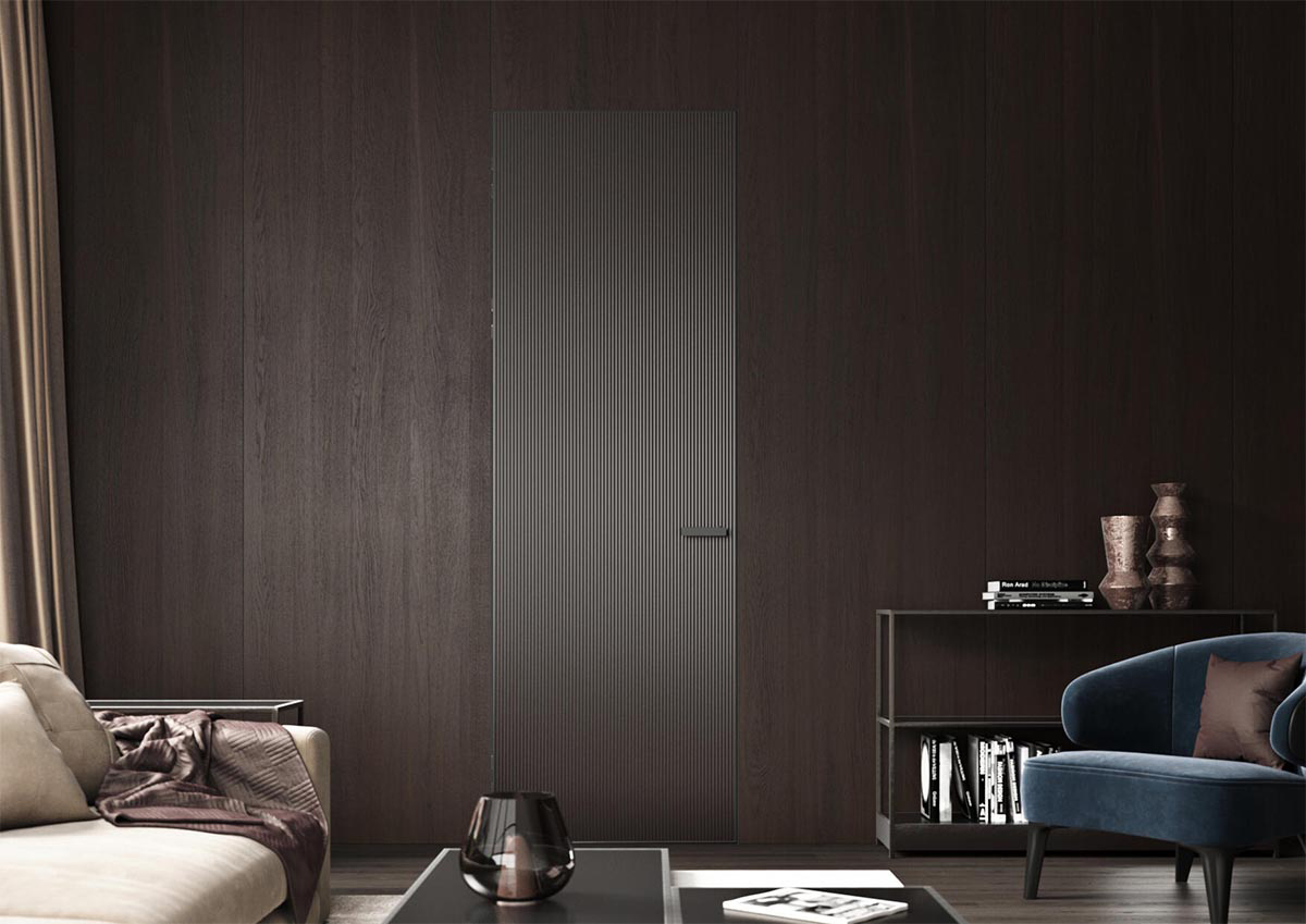 Otočné dveře MASTER se sklem Flutes, skrytá zárubeň a obkladový systém EFEKTA Dveře MASTER s vertikálním frézováním a skrytou zárubní v jednotném obkladu