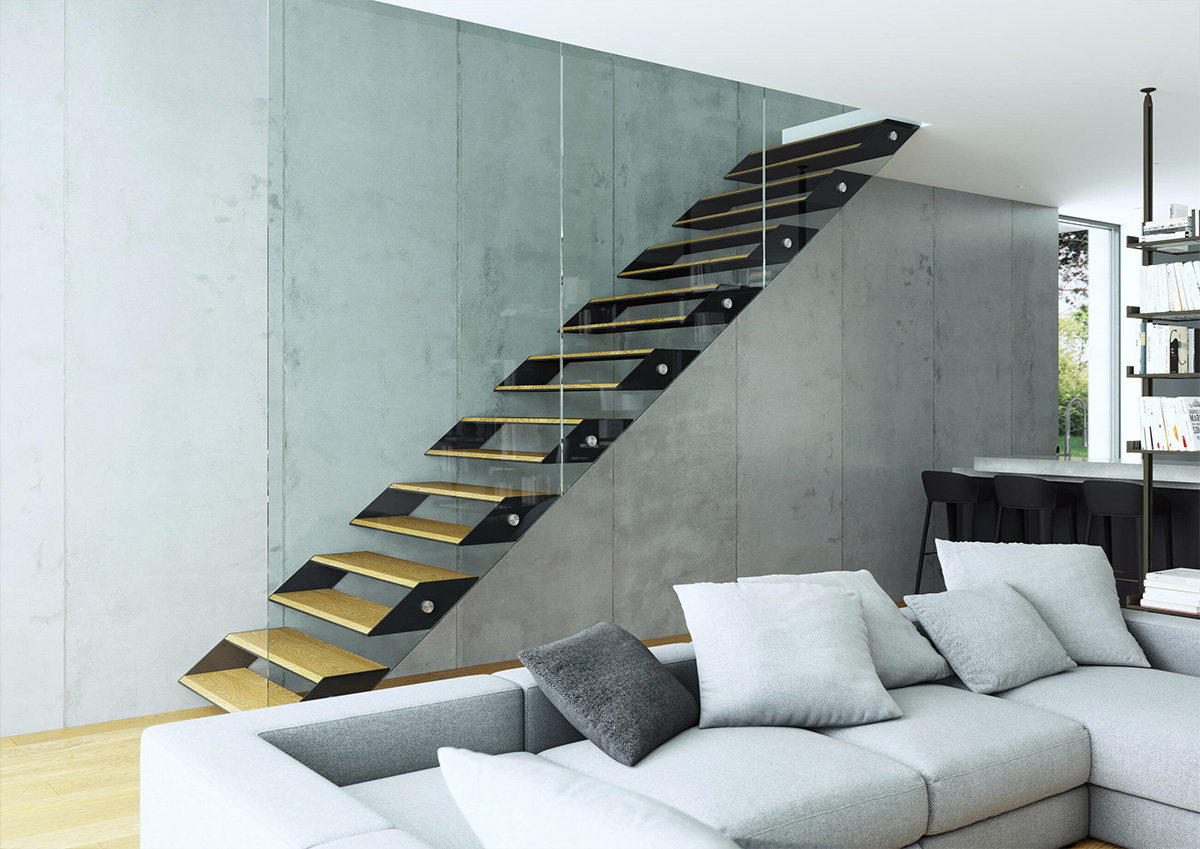 Schodiště BOX je skládané z jednotlivých svařovaných boxů Skládané schodiště BOX s ocelovými prvky a dřevěnými nášlapy v moderním interiéru