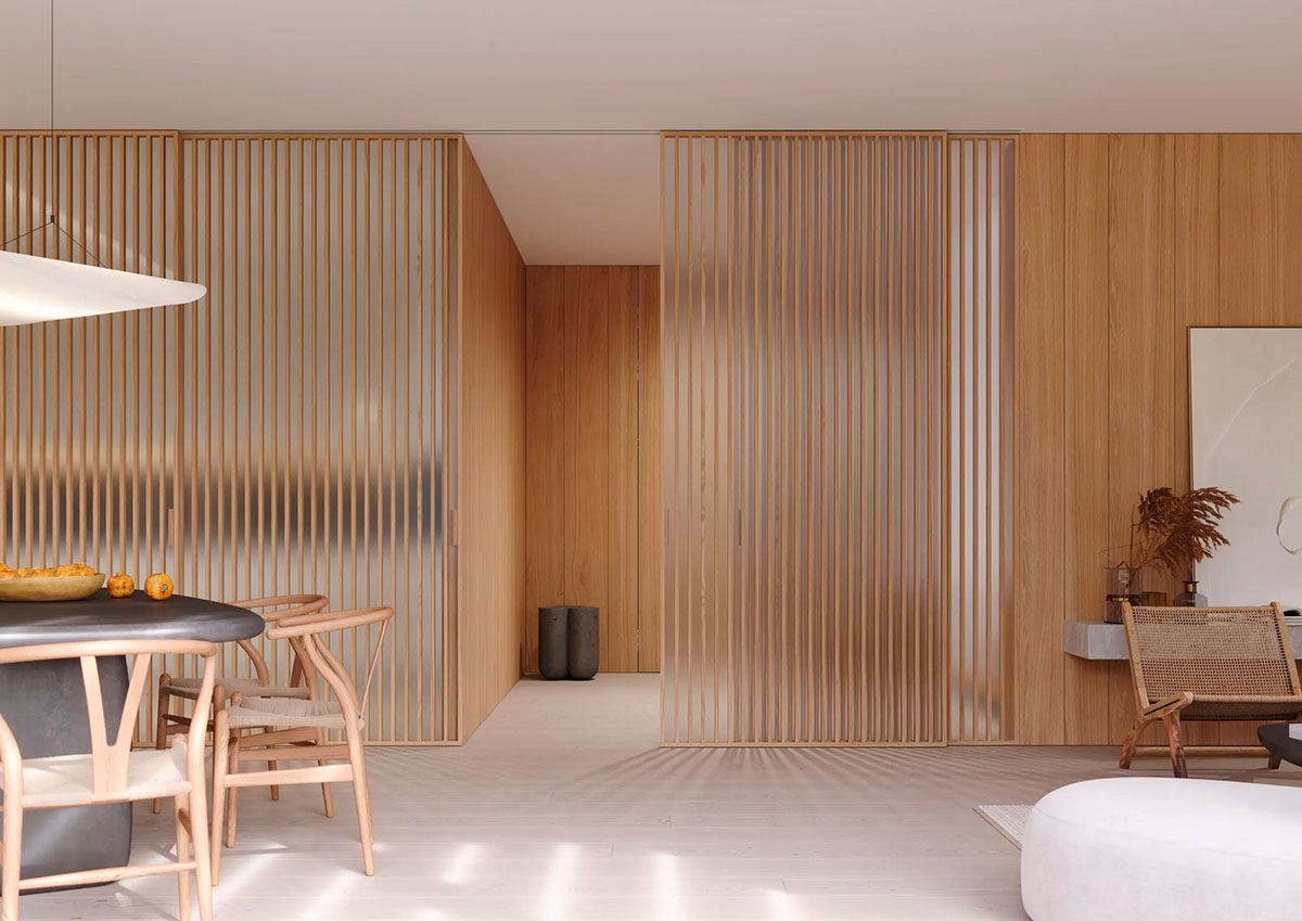 Posuvné dveře IDEALINE WOOD VERTICAL v posuvu do stropu PREMIUM