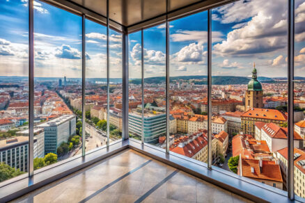 Výhľad na centrum Prahy z modernej administratívnej budovy s presklenou fasádou