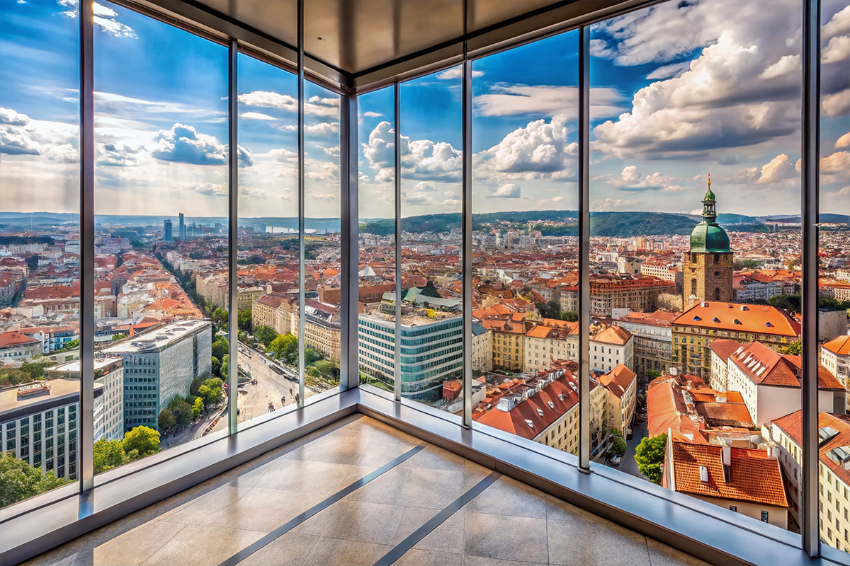 Výhľad na centrum Prahy z modernej administratívnej budovy s presklenou fasádou