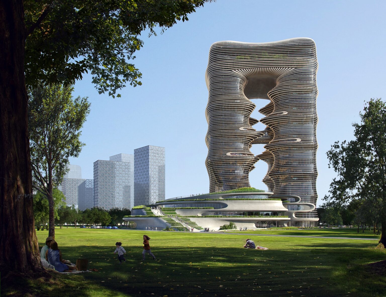 Yidan Center vypadá z dálky jako ohromná socha