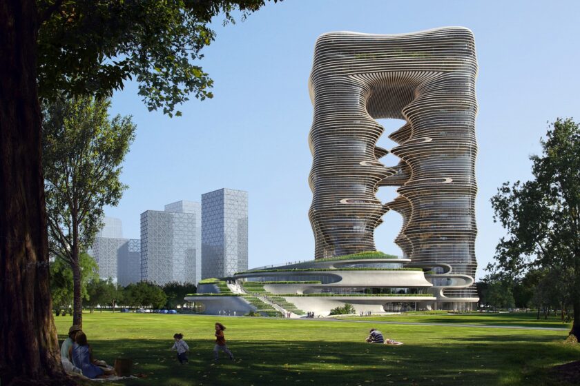 Yidan Center vypadá z dálky jako ohromná socha