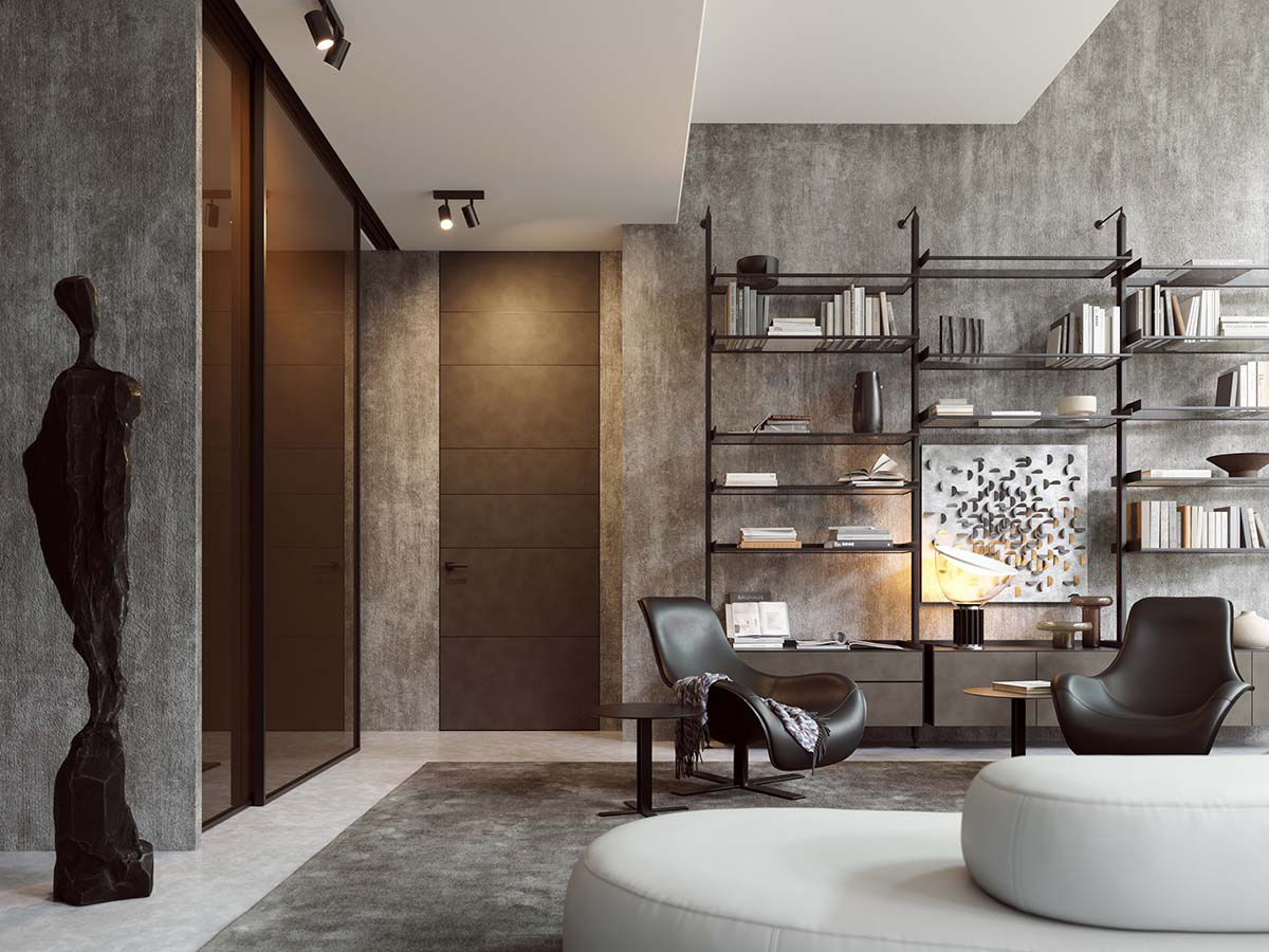 Prémiové interiérové dveře v tmavém dekoru se skrytými panty v moderním obývacím pokoji