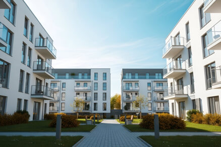 Moderní bytový dům s balkonem a upraveným vnitroblokem v rezidenčním projektu