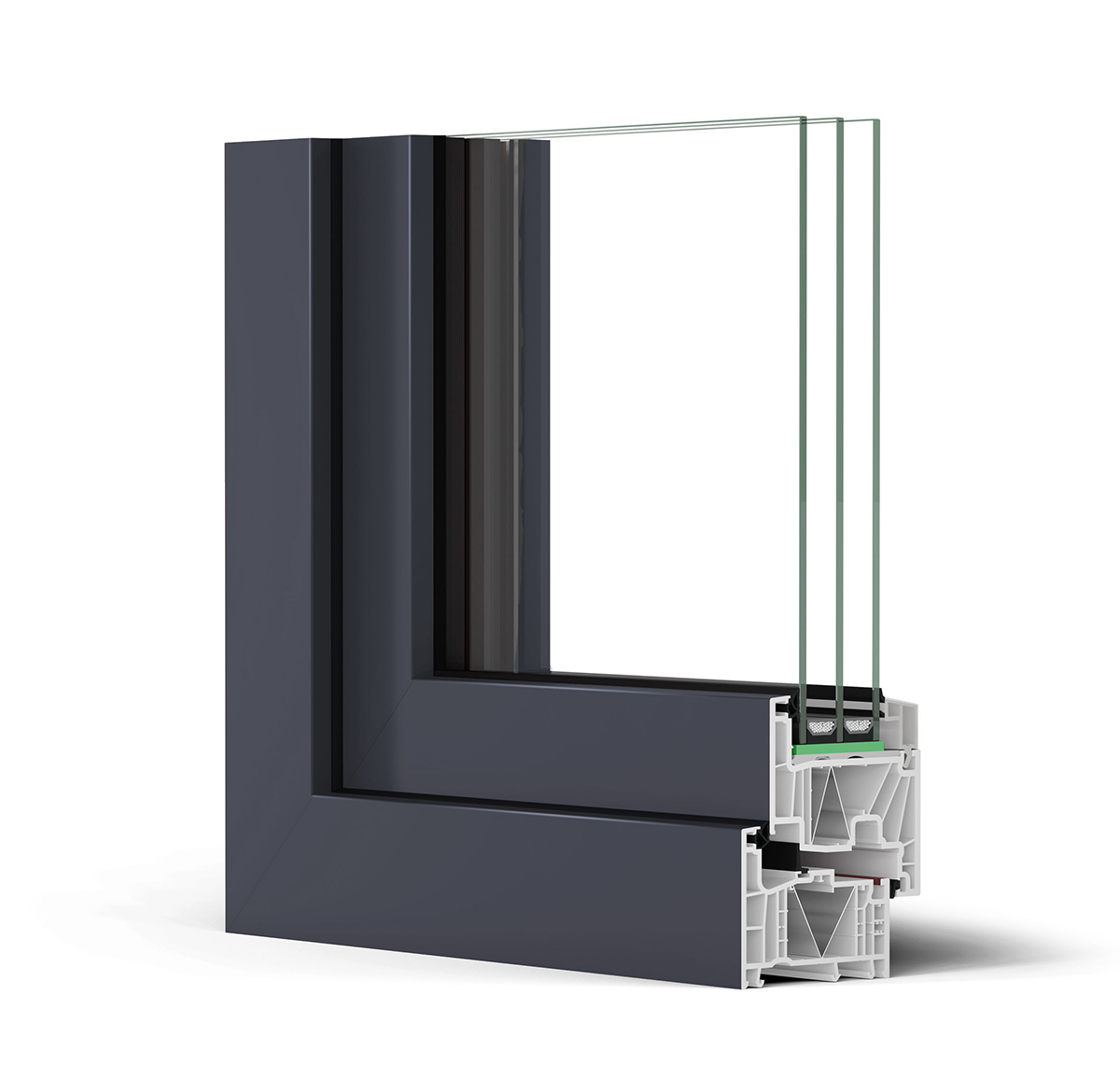 Detail kompozitního okenního profilu s trojsklem pro energeticky úsporná okna