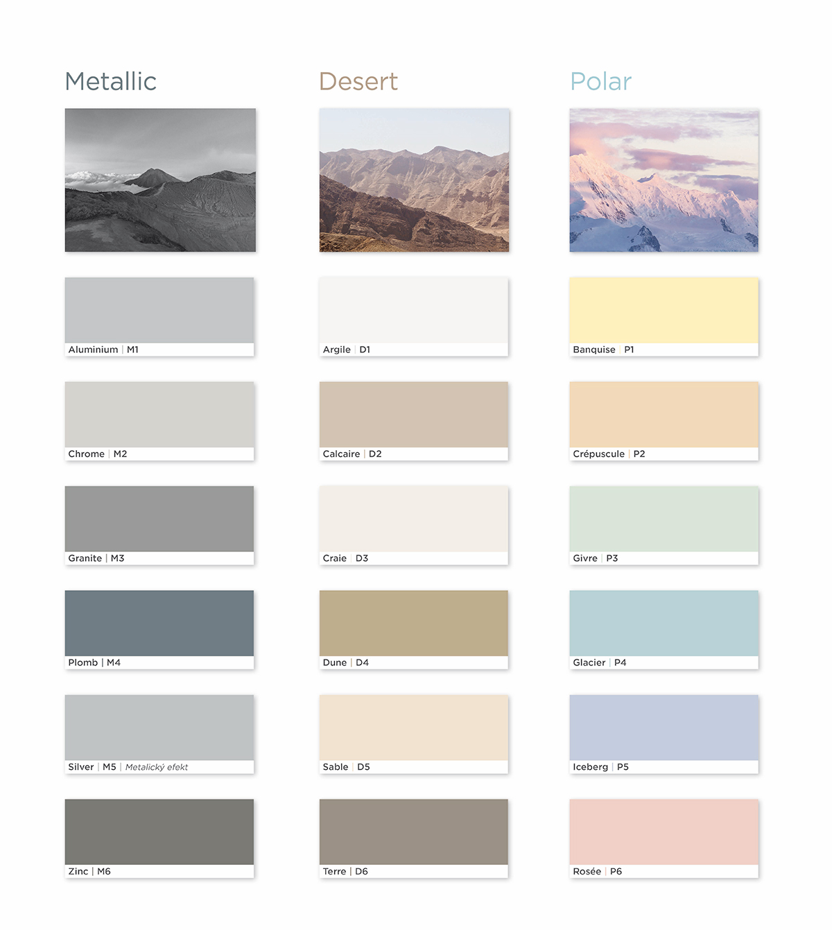 Barevné kolekce akustických podhledů Eurocoustic Metallic, Desert a Polar s ukázkami odstínů