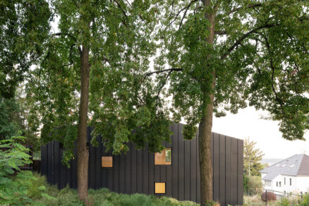 Moderní rodinný dům Black House v Praze s tmavou fasádou z titanzinku zasazený mezi vzrostlé stromy