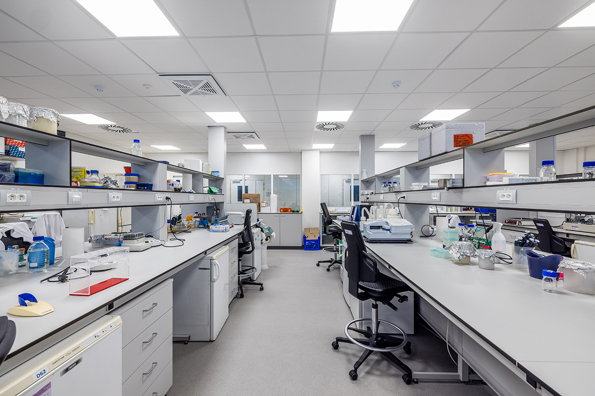 Laboratoř s bílým akustickým podhledem a technickým zázemím