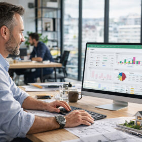 Manažer malé stavební firmy sleduje projektové řízení, rozpočty a cash flow v digitálním systému na počítači v kanceláři.