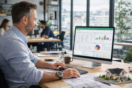 Manažer malé stavební firmy sleduje projektové řízení, rozpočty a cash flow v digitálním systému na počítači v kanceláři.