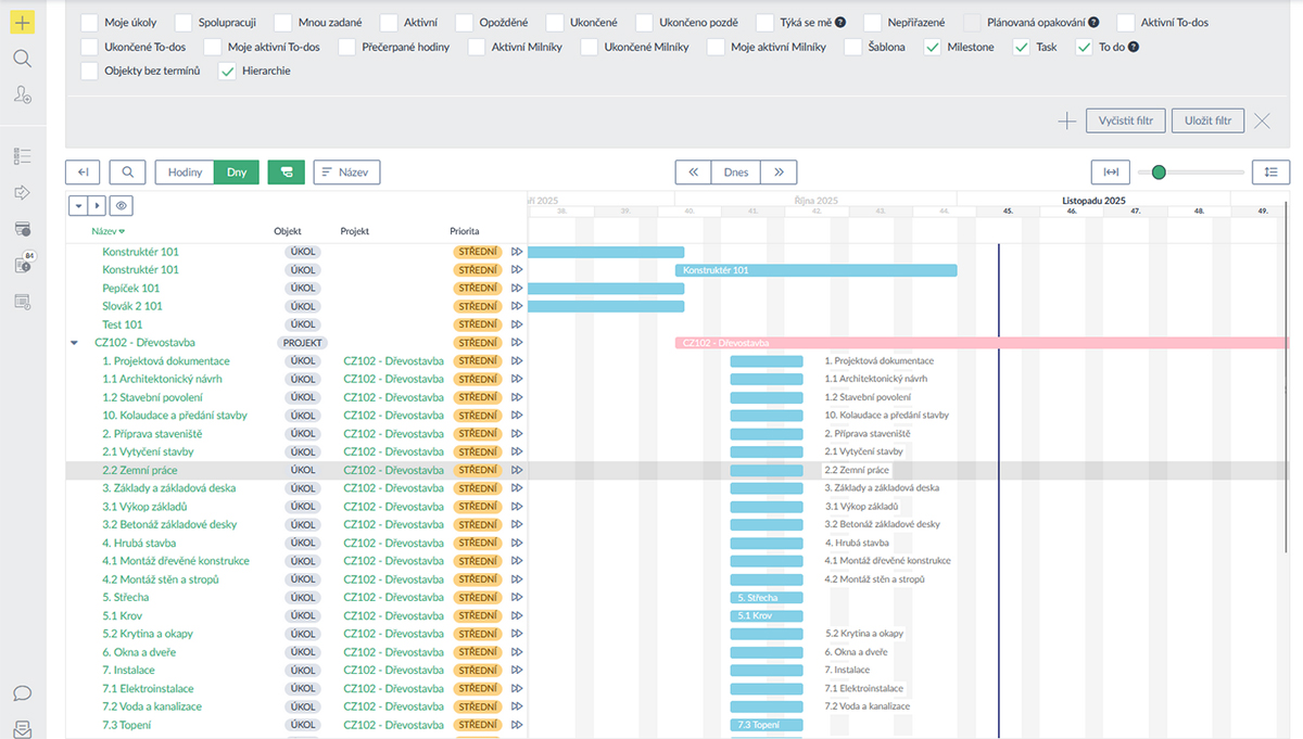 Ukázka plánování návaznosti stavebních prací v Caflou