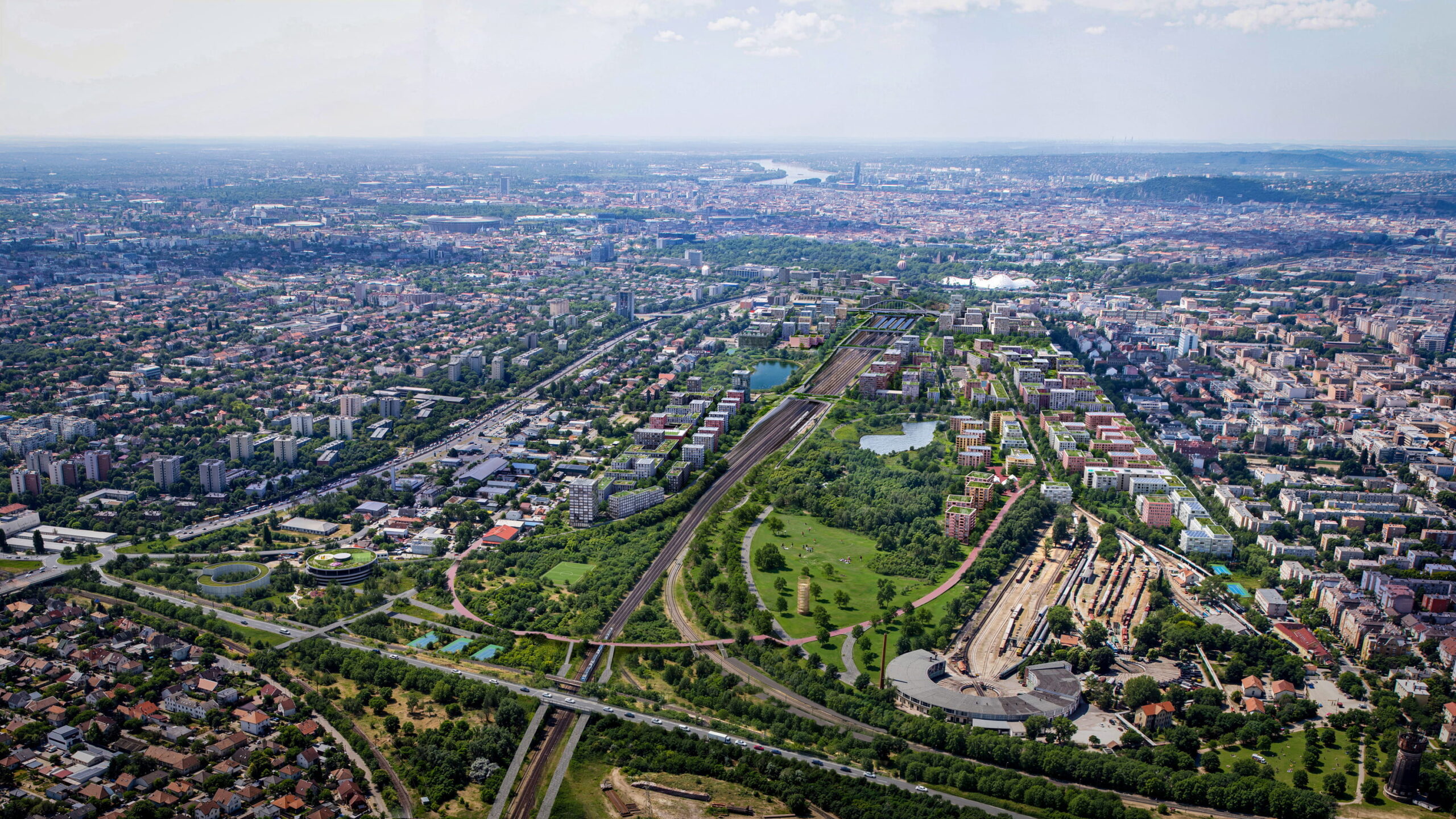 Celkový pohled na návrh nové čtvrti Rákosrendező v Budapešti