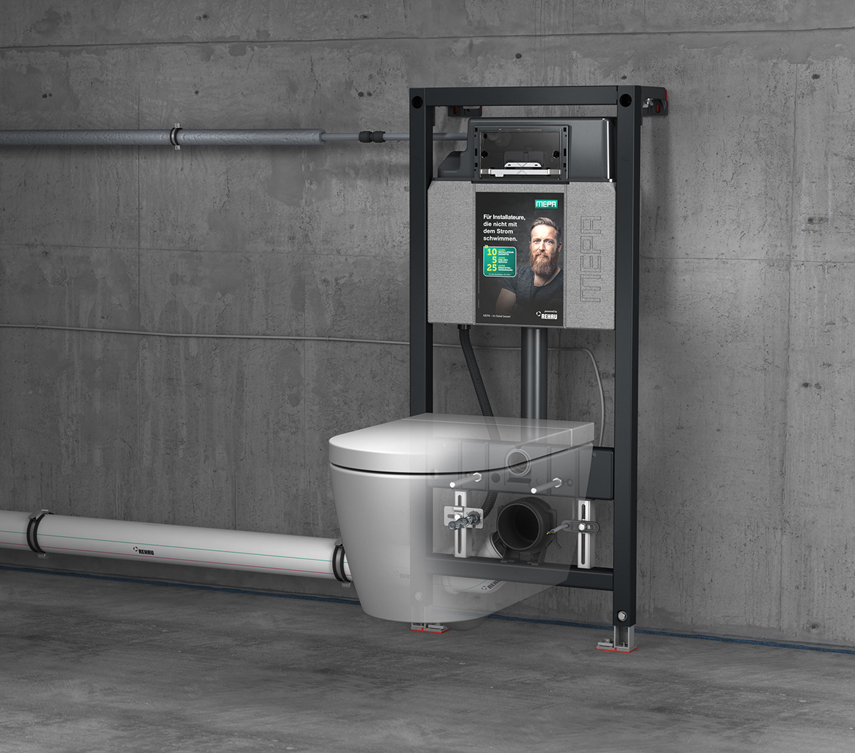 Detail předstěnového instalačního systému pro závěsné WC s napojením rozvodů