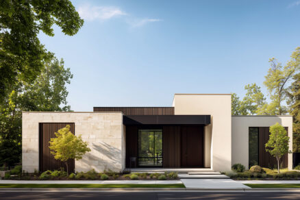 Moderní rodinný dům s fasádou z kamene a dřeva