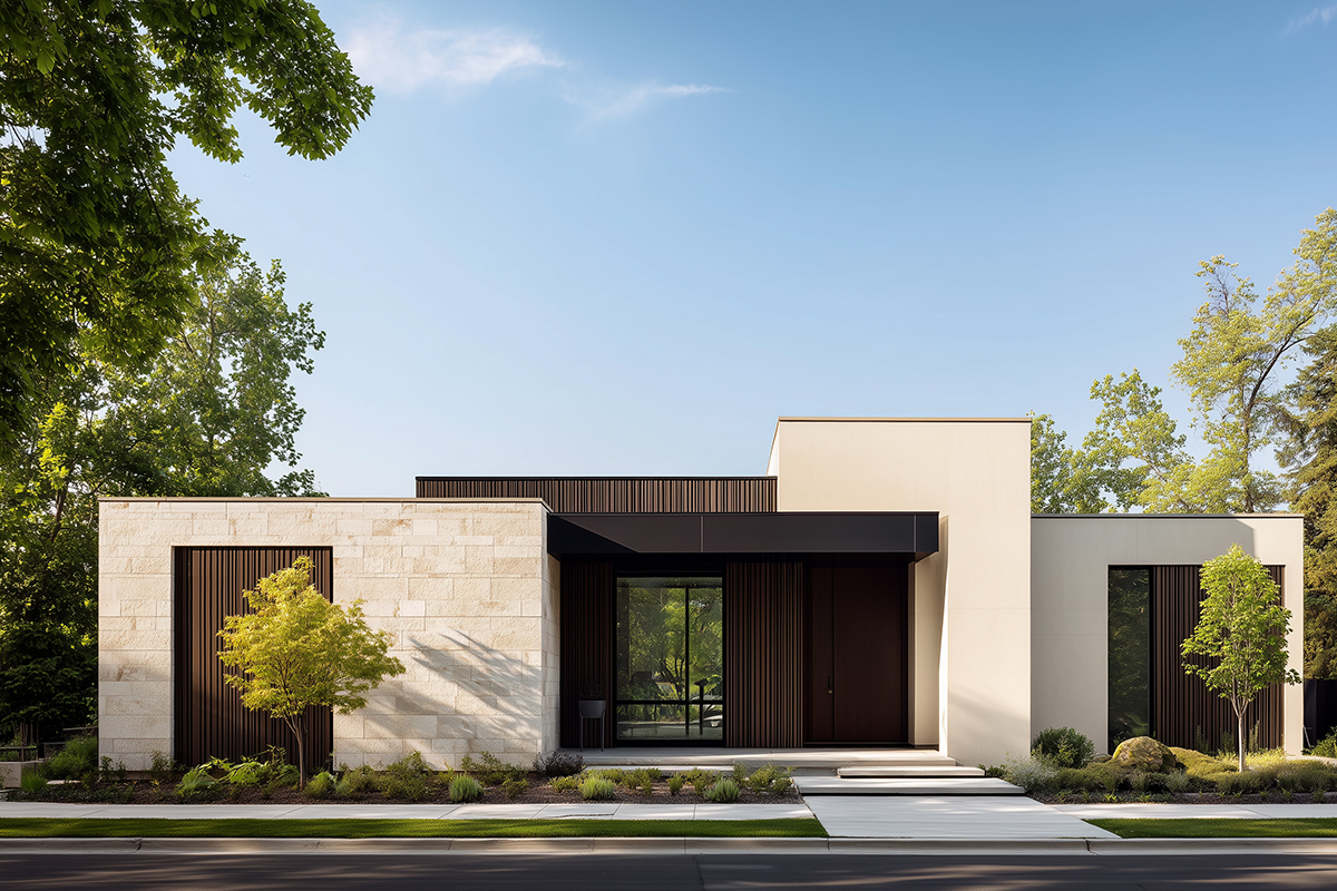 Moderní rodinný dům s fasádou z kamene a dřeva