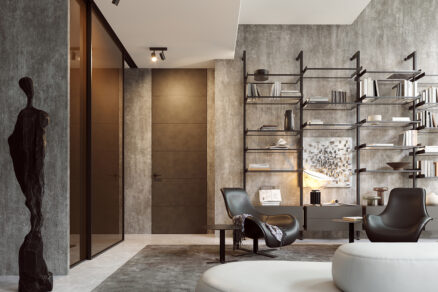 Designové interiérové dveře v luxusním interiéru s knihovnou