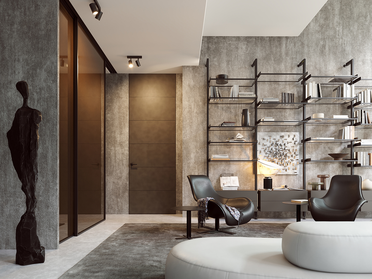 Designové interiérové dveře v luxusním interiéru s knihovnou