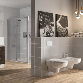 Předstěnový instalační systém v moderní koupelně se závěsným WC a bidetem