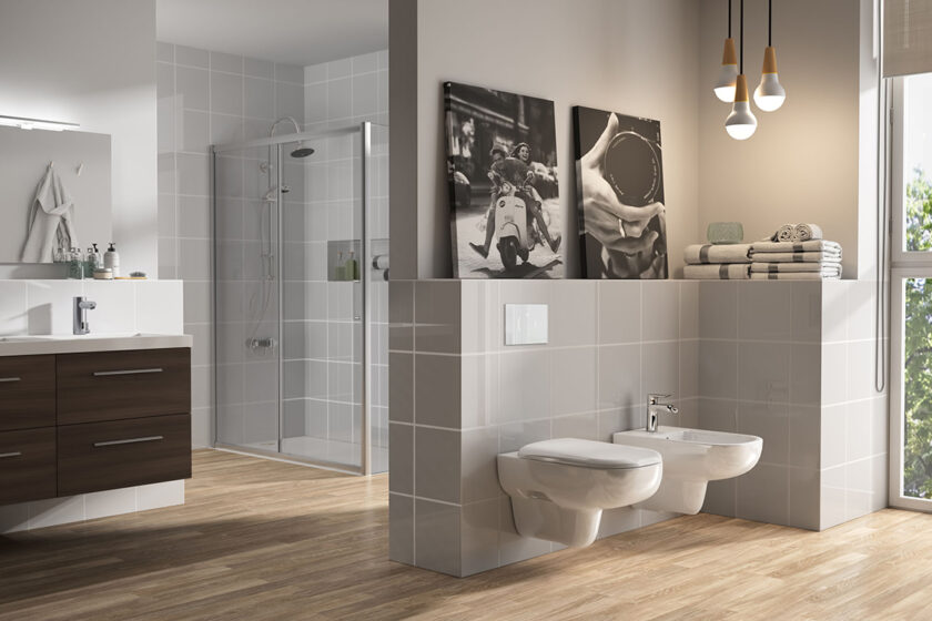 Předstěnový instalační systém v moderní koupelně se závěsným WC a bidetem