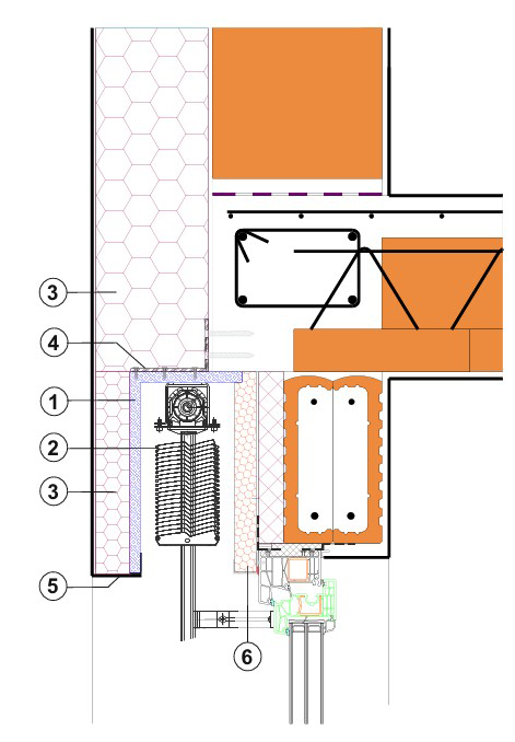 Technický detail napojení kastlíku na žaluzie na zateplenou fasádu