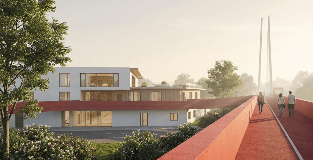 Propojení areálu mostem ve dvou úrovních ocenila porota soutěže třetím místem pro Terezu Tošerovou a Elišku Zabadanovovou z ČVUT v Praze