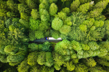 nákladné vozidlo prechádzajúce lesom z pohľadu zhora