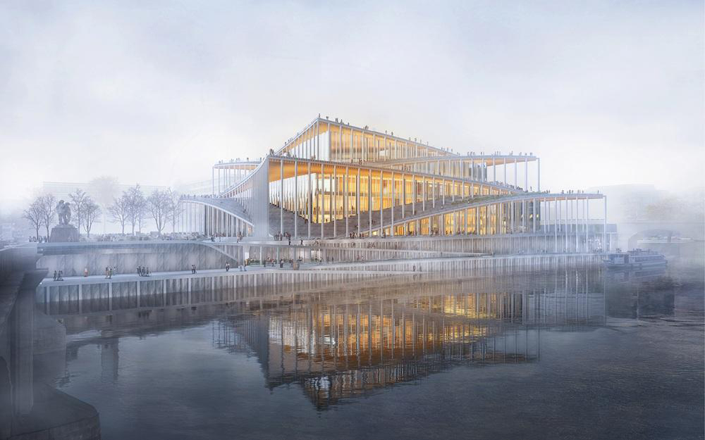 Architektonická studie filharmonie na nábřeží Vltavy