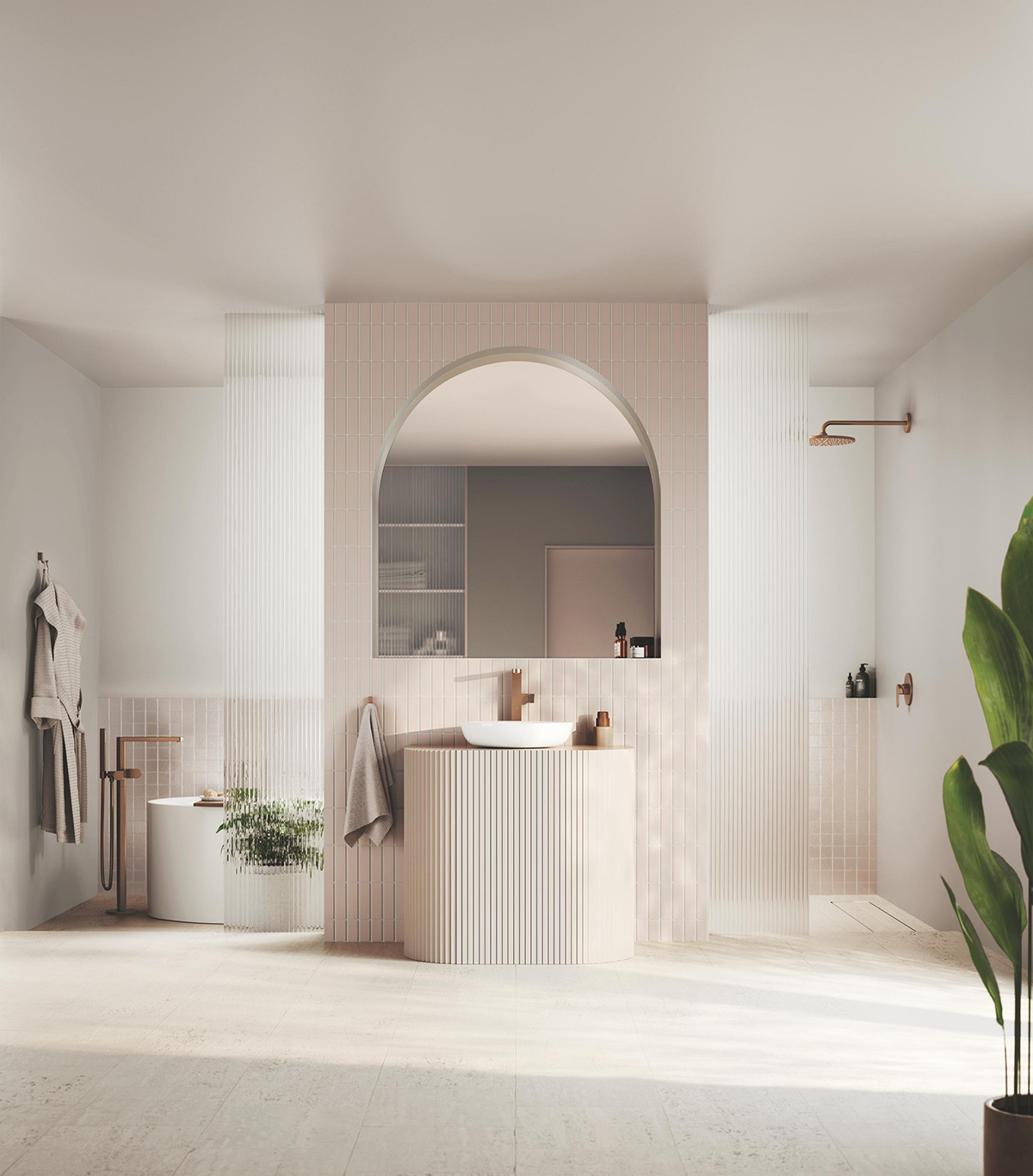 Jemné barevné ladění koupelny s důrazem na detaily a materiály