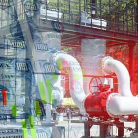 Plynové potrubí s ventily překryté grafem vývoje cen a bankovkami, ilustrující kolísání cen energií a dopady na trh s plynem.