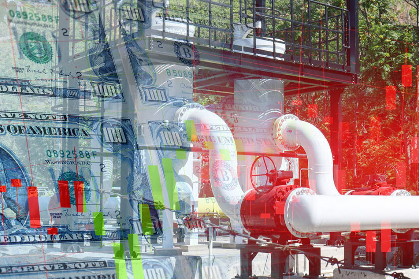 Plynové potrubí s ventily překryté grafem vývoje cen a bankovkami, ilustrující kolísání cen energií a dopady na trh s plynem.