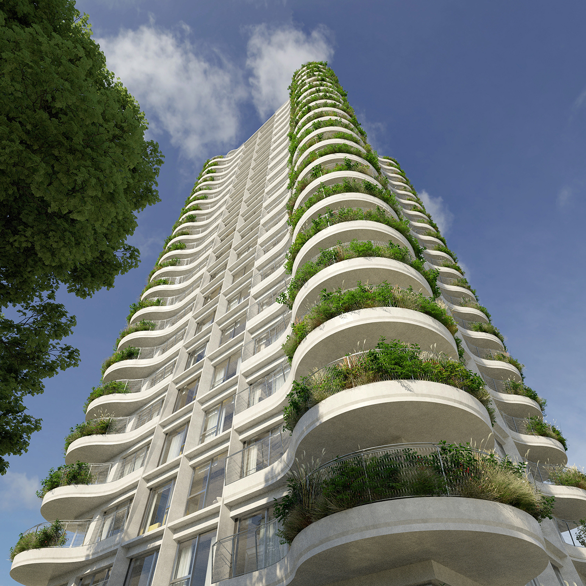 Vizualizace moderní výškové rezidenční budovy s oblými balkony, integrovanou zelení a důrazem na udržitelnou architekturu.
