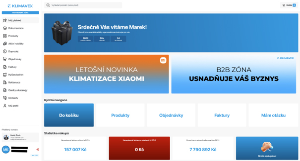 Přehled B2B Partnerské zóny KLIMAVEX s online správou objednávek, produktů, faktur a technické dokumentace.