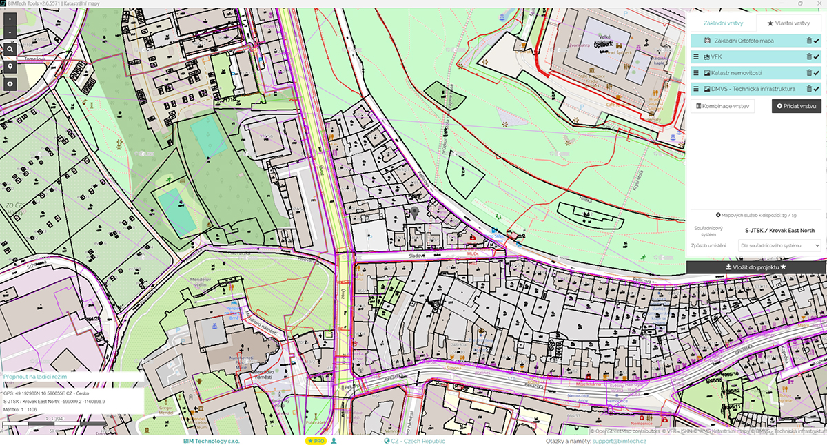 BIMTech Tools katastrální mapa s technickou infrastrukturou