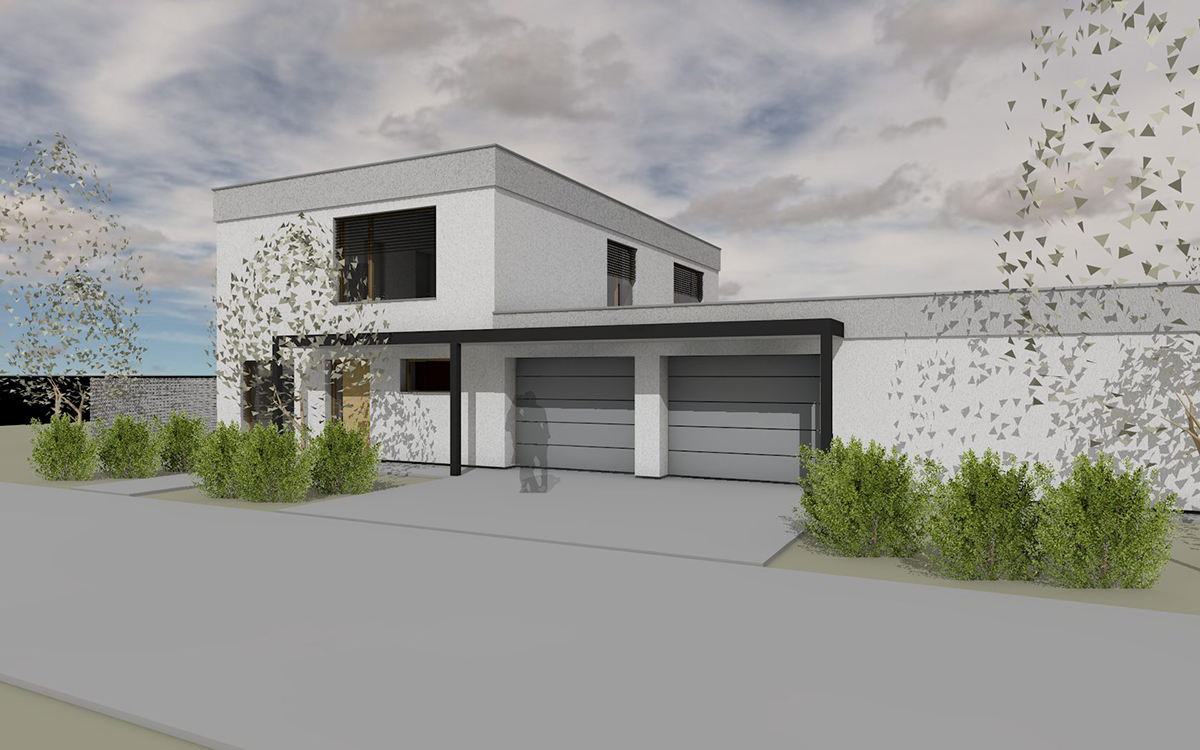 Projekt HELUZ SPACE vyniká moderní architekturou s plochou střechou, integrovanou dvojgaráží a promyšleným propojením interiéru s exteriérem.