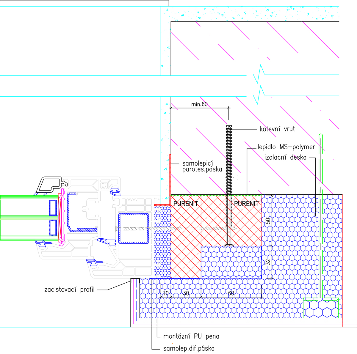 Detail předsazené montáže okna v ostění s purenitovým rámem Technický detail předsazené montáže okna v ostění