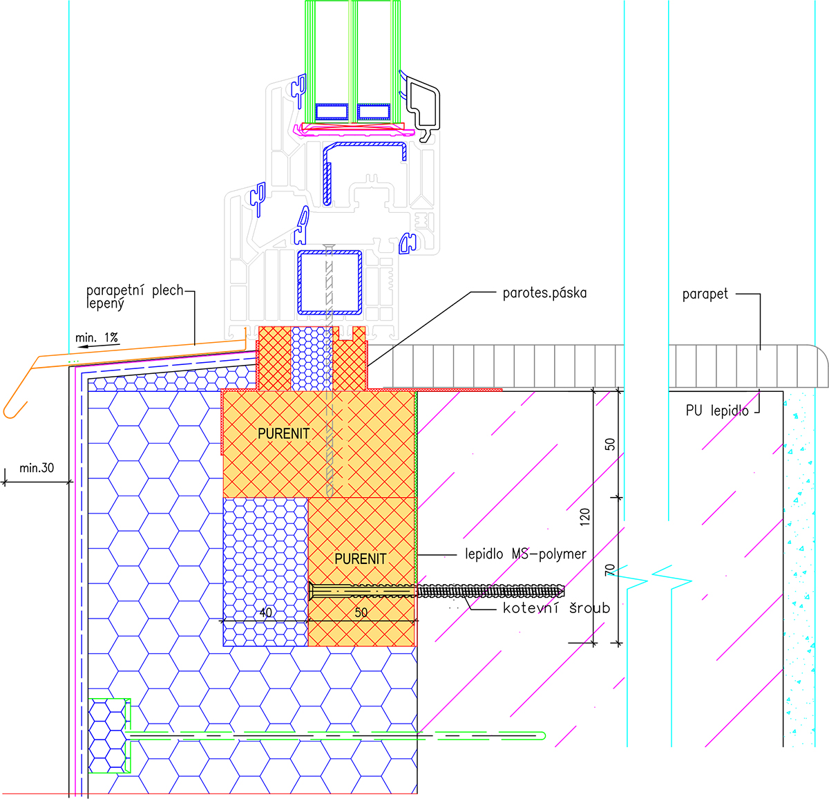 Detail předsazené montáže okna v oblasti parapetu s purenitovým rámem Detail předsazené montáže okna v oblasti parapetu