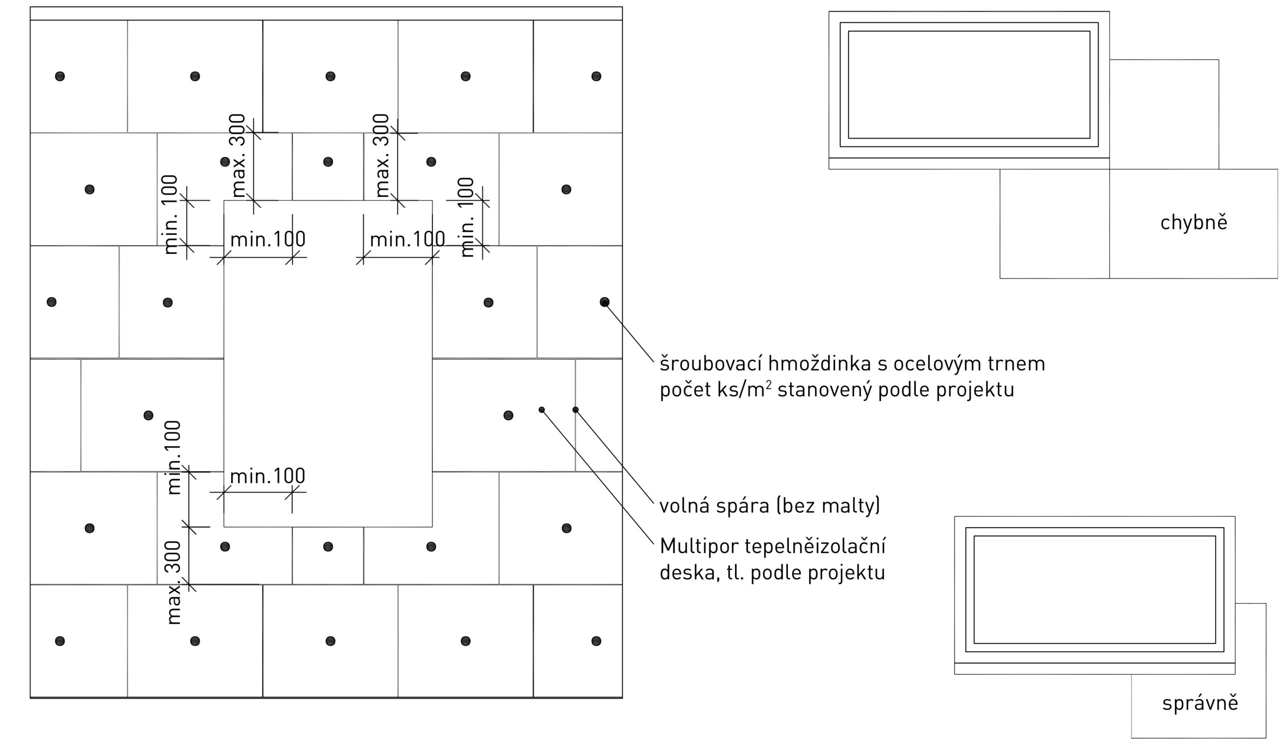Vazba desek u otvorů – Desky u otvorů osadíme tak, aby styčná spára nepokračovala z rohu otvoru. Vytvoříme ozub nejméně 100 mm. Zobrazené kotvení představuje základní schéma, rozhodující je projekt.